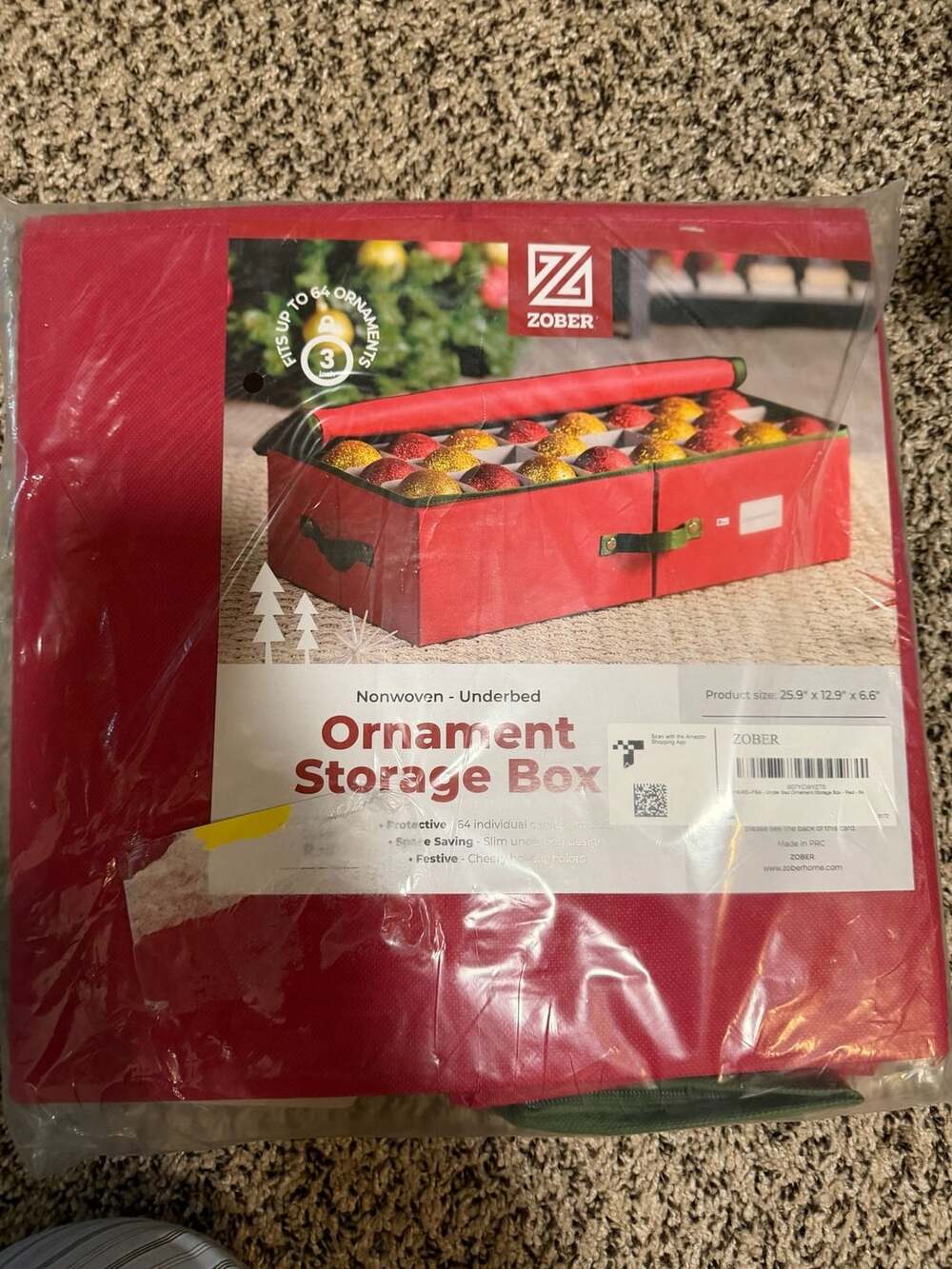 Zober Nonwoven Underbed Ornament Storage Box 25.9" x 12.9" x 6.6" Red